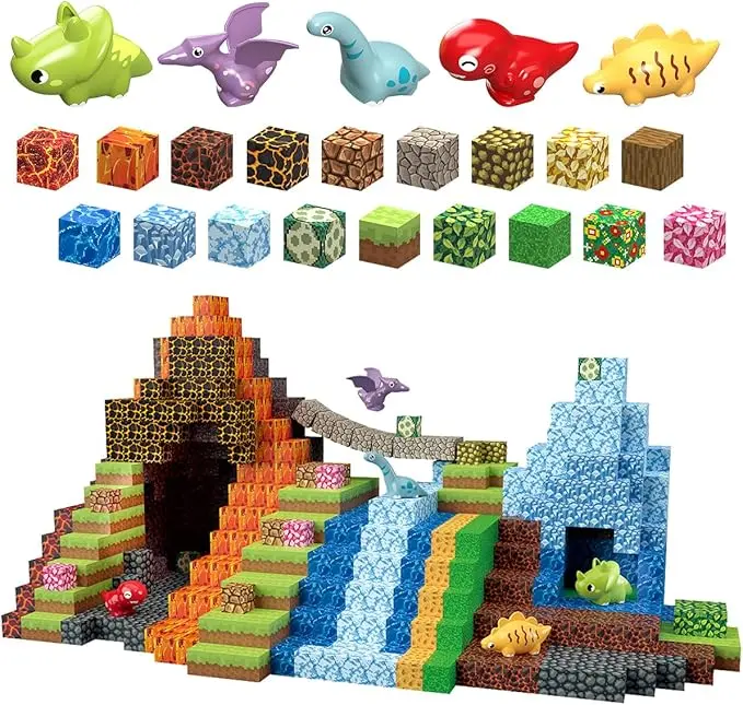 Springtok 205-Piece Unisex Dinosaur Magnetic Building Bricks & Parts - 1-in Waterproof 3D STEM Sensory Toys with Smooth Edges for 3-4/4-6 Year-Olds - Children's Day Gift Option