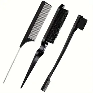 3-Piece Home Flat-Back Brush Set, Hard Bristle Brushes, Detangling Brush, Hair Edge Control Comb, Unisex Hair Combs, Ideal for Men & Women