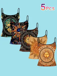 Boho Retro Sun Moon Print Strapless Top, Mystical Totem Mandala Slim Fit Crop Top, Summer Casual Sleeveless Tee for Women