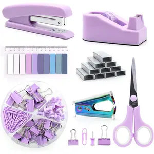 Purple Office Supplies Set-Stapler, Tape Dispenser and More. Accessories Kit with Stapler, Tape, Remover, Staples, Clips, Scissors and Tabs for Women, Clerks
