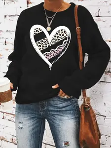 Women's Heart Print Round Neck Sweatshirt, Casual Fitted Pullover, Medium Stretch, All-Season Comfort, Fashion Statement Clothing