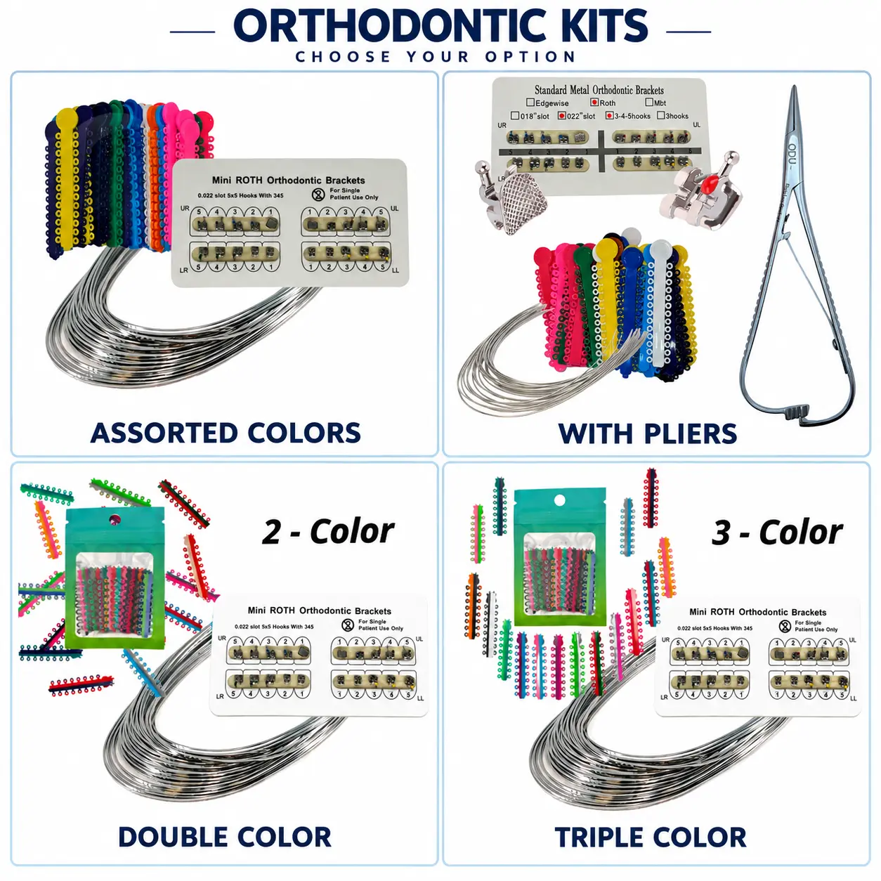 Mini ROTH Orthodontic Brackets Kit 0.022 Slot | 1008 Ligature Ties + 10 NiTi Arch Wires | Made in USA | Braces Supplies for Smaller Cases