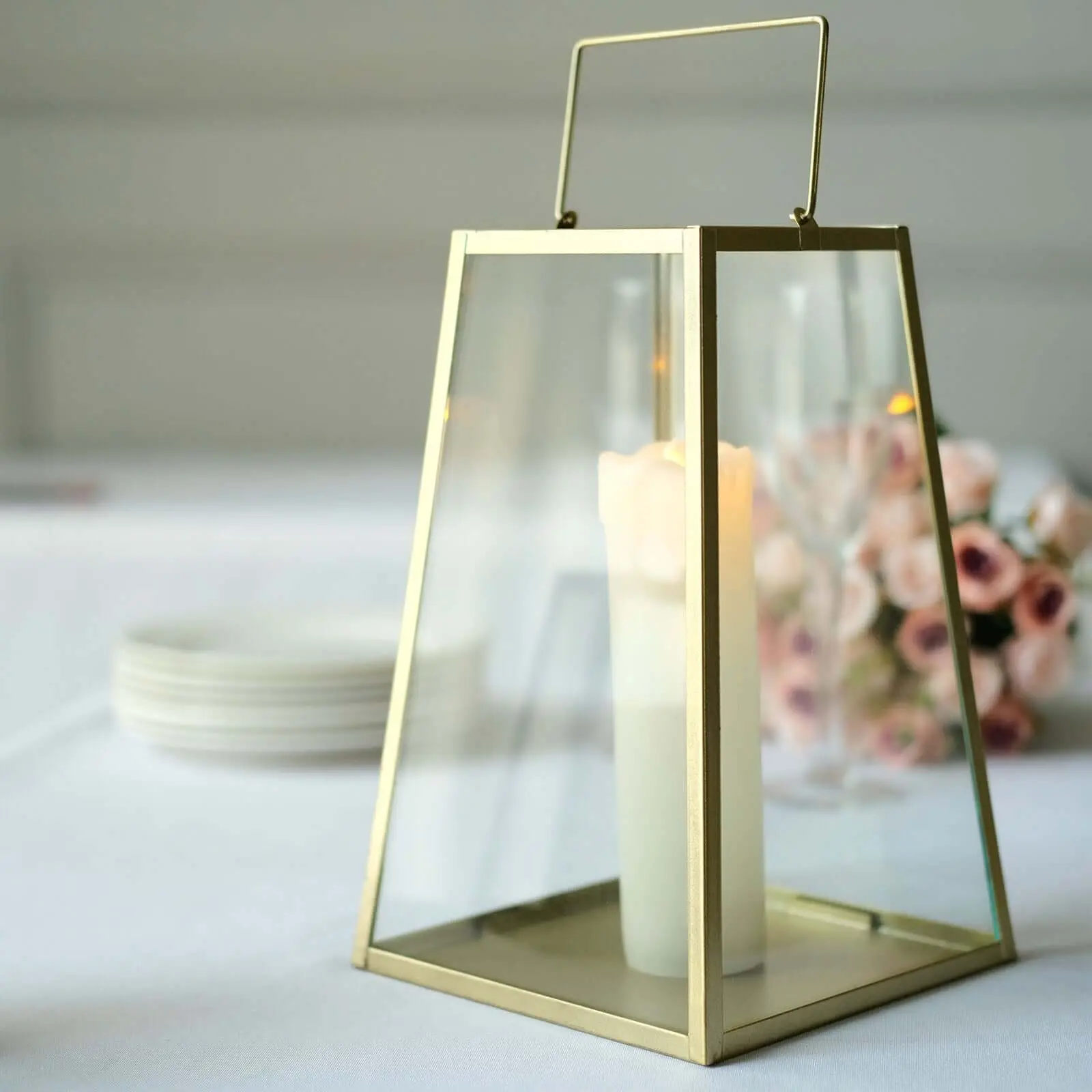 Gold Metal Trapezoid Geometric Glass Candle Lantern - 10" Hanging Terrarium Table Centerpiece, Indoor/Outdoor Home Decor Candle Holder, Glass Candle Holder