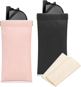 Women's 2-Piece Soft PU Leather Eyeglass Cases Black and Rose, Portable Squeeze-Top Sunglass Pouches for Eyewear Storage