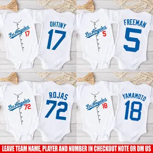 (100% Cotton) Personalized Baby Baseball Bodysuit – Custom Name & Number Style Infant Onesie – LA Baseball Baby Outfit