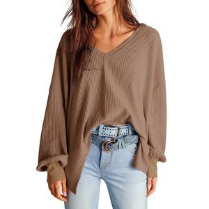Dokotoo Womens Waffle Knit Tops Fashion Long Lantern Sleeve Casual Blouses V Neck Oversized T Shirts