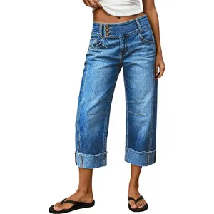 Flamingals Wash Roll Hem Button Up Mid Rise Barrel Leg Crop Jeans Stretchy 30-32'' Inseam
