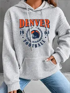 Women's Casual Hooded Sweatshirt, Denver Rugby Design Football, Comfortable Pullover, Front Pocket, Fall & Winter Long Sleeve