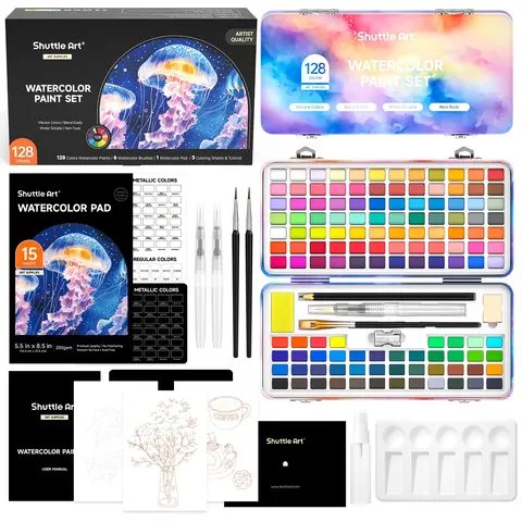 Shuttle Art Watercolor Paint Set - 128 Vibrant Metallic Shades, Metal Box Carry Artist Quality Brush Painting Supply Set with Brushes, Palette, Sketchbook, Coloring Sheets for Adults, Artist Quality Painting Supply Sets,techvibes