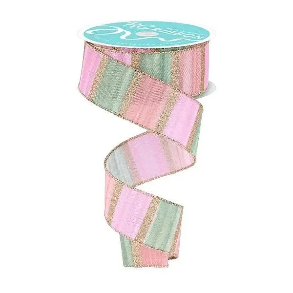 1.5" x 10yd Watercolor Stripes Ribbon - White/Peach/Sage/Pink/Gold