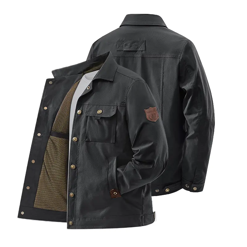 Men’s American vintage workwear jacket, windproof and wear-resistant cargo outerwear made from breathable, skin-friendly polyester fiber with multiple pockets, available in various colors.