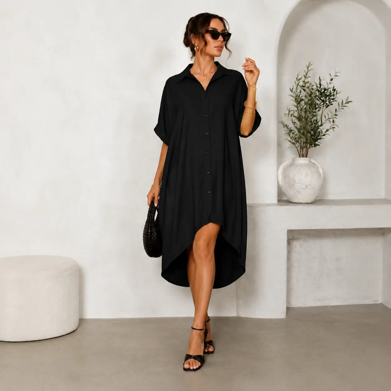 Elengatine Women Sexy Black Shirt Dress, Classic Turn-Down Collar Button Up Dress, Short Sleeve Midi Dress with Curved Split Hem, Chic Baddie Aesthetic Streetwear, Casual Loose Flowy A-Line Summer Sundress