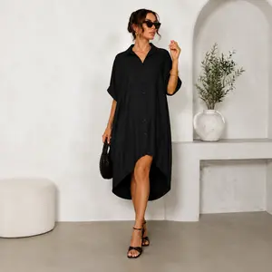 Elengatine Women Sexy Black Shirt Dress, Classic Turn-Down Collar Button Up Dress, Short Sleeve Midi Dress with Curved Split Hem, Chic Baddie Aesthetic Streetwear, Casual Loose Flowy A-Line Summer Sundress