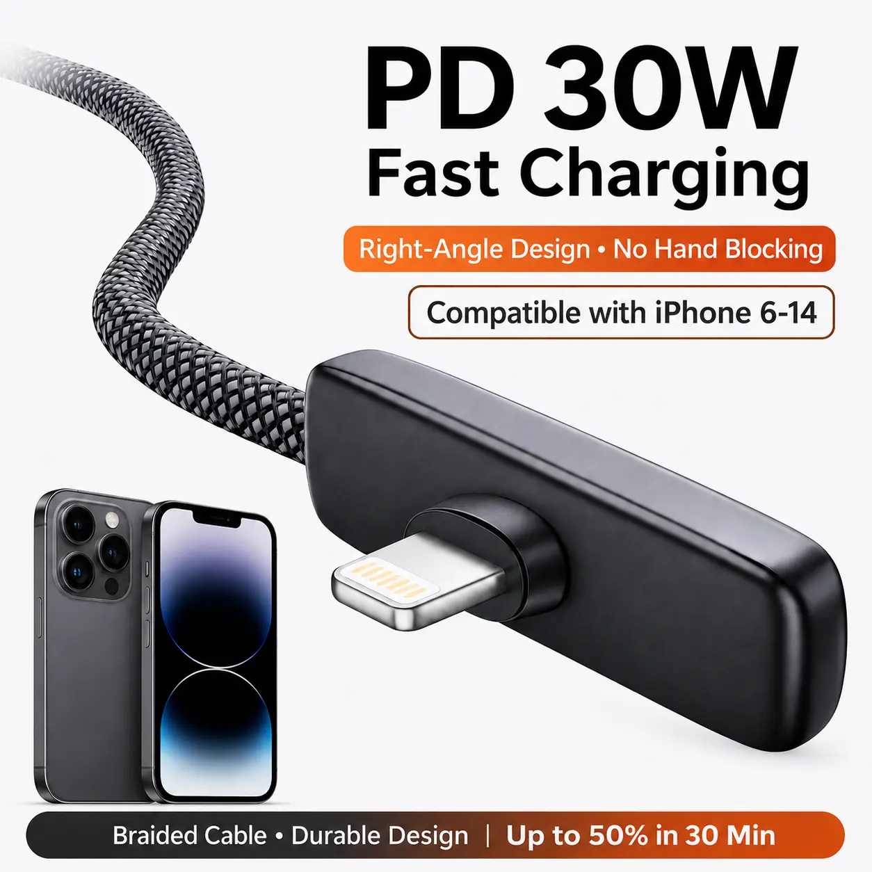 PD30W Lightning Right Angle Durable Braided Nylon Fast Charging Cable (3.3Ft/6.6Ft) with 33W Charging Combo, Wired for iPhone 8-14 Pro Max, iPad, AirPods, Smartphone, Cellphone, Mobile Electronic Devices, Back to School Gaming Use