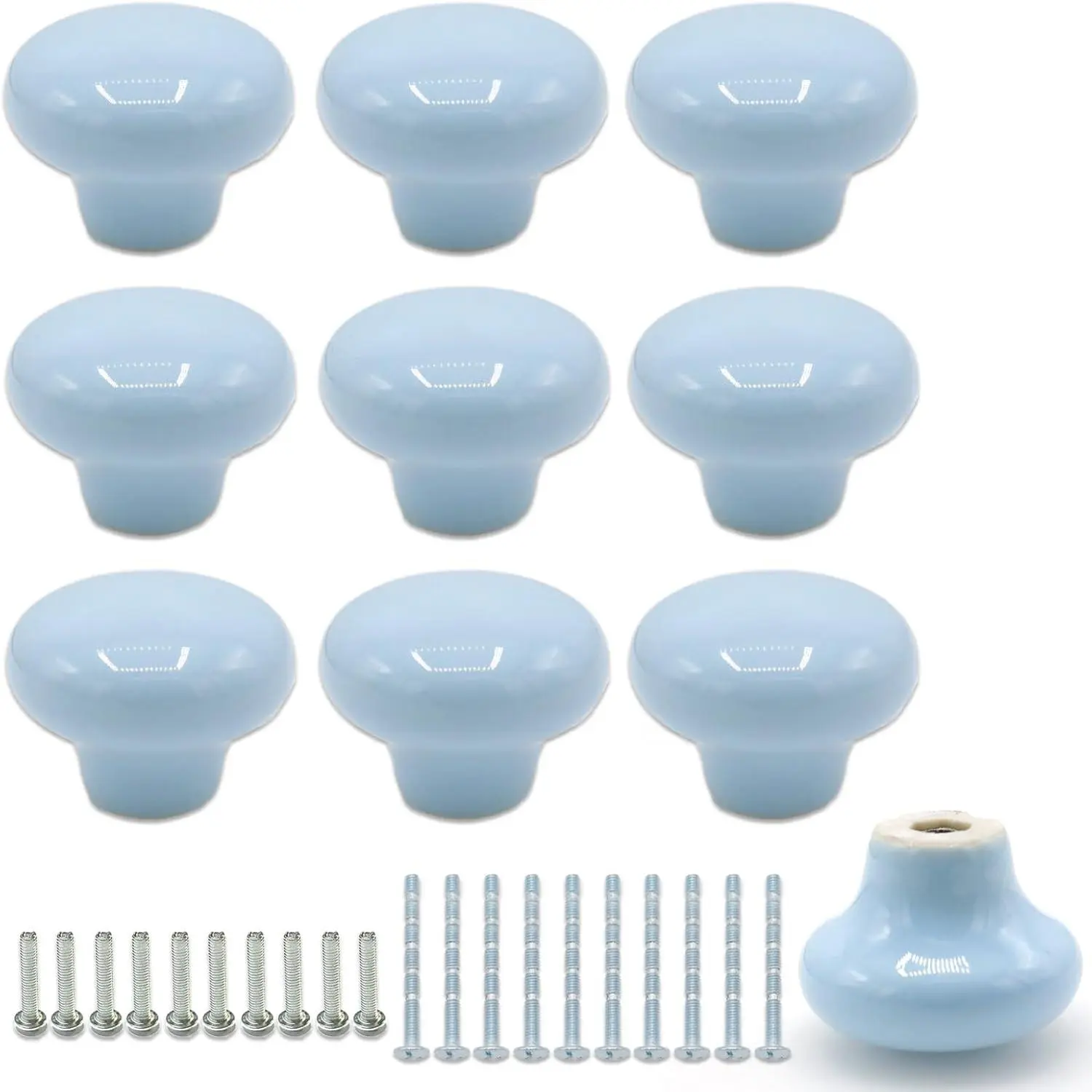 10 Pack 1.26Inch(32mm) Sky Blue Round Ceramic Cabinet Knobs Drawer Pull Handles with Screws for Kitchen Cupboards Wardrobes Children's Rooms Bedroom Furniture Office Desks
