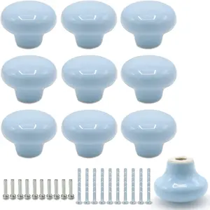 10 Pack 1.26Inch(32mm) Sky Blue Round Ceramic Cabinet Knobs Drawer Pull Handles with Screws for Kitchen Cupboards Wardrobes Children's Rooms Bedroom Furniture Office Desks