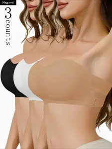 3pcs Women's Solid Color Side Strapless Balconette Unlined Bra, Fashionable Elegant Wireless Push Up Bra for Daily Wear, Lingerie for All Seasons wirelessbrareview wirelessbras comfortablebras everydaybra outfits comfybra