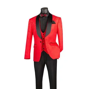 Riverra Collection: Red 3 Piece Jacquard Pattern Single Breasted Slim Fit Tuxedo