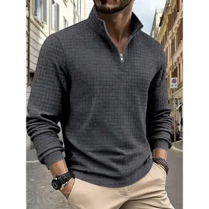 Men's Fashionable Spring Pullover Sweater, Half-Zip Design, Soft Warm Plaid Fabric, Perfect for Autumn & Winter, Casual Daily Wear