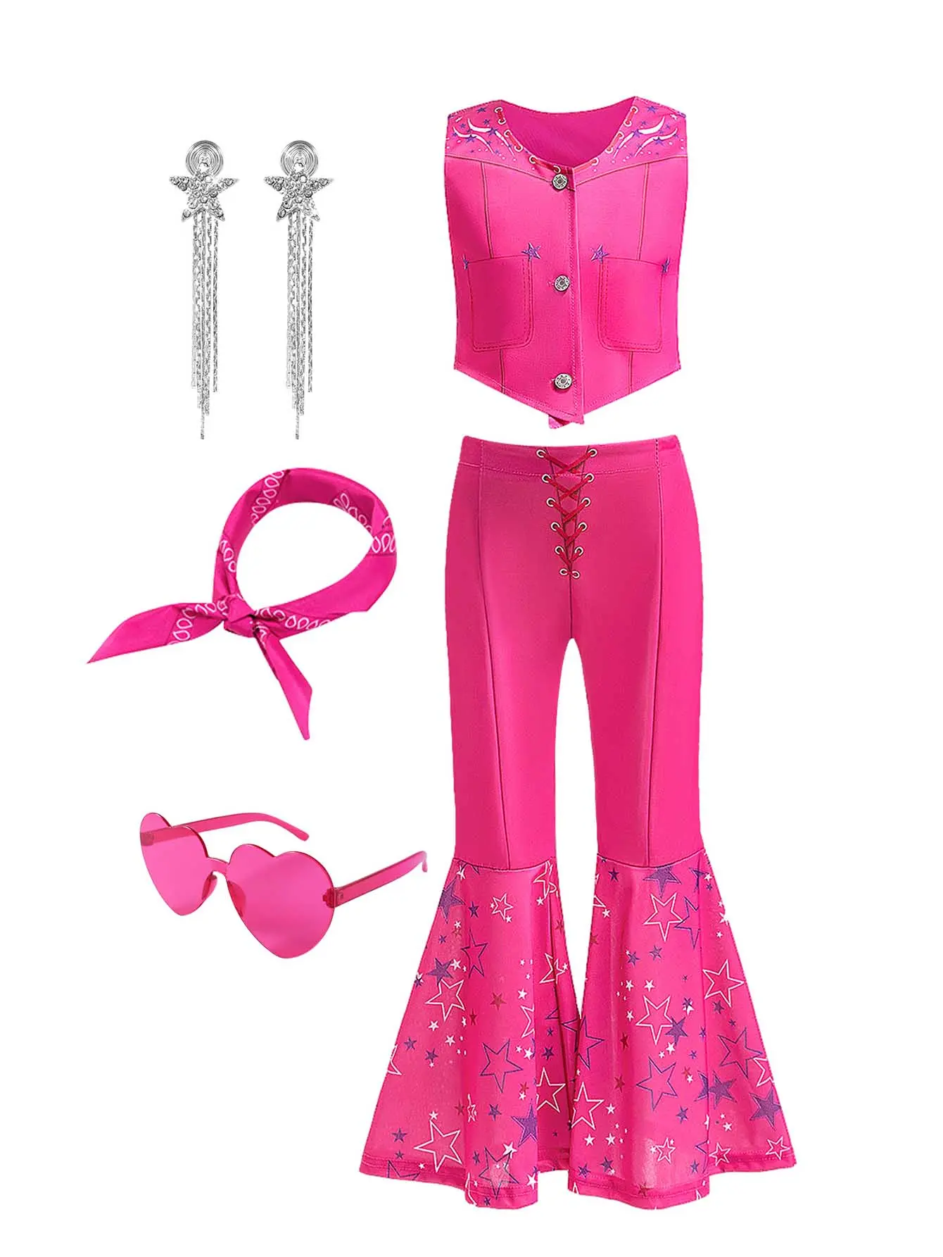 Pink Disco Cowgirl Costume Outfits for Girls, 6-Piece Set with Sleeveless Top, Bell Bottoms, Paisley Scarf & Star Earrings, Costumes, Full Set, Cowgirl Vibe, Ruffle, Cotton Blend, Halloween Cowgirloutfits Costumeshalloween