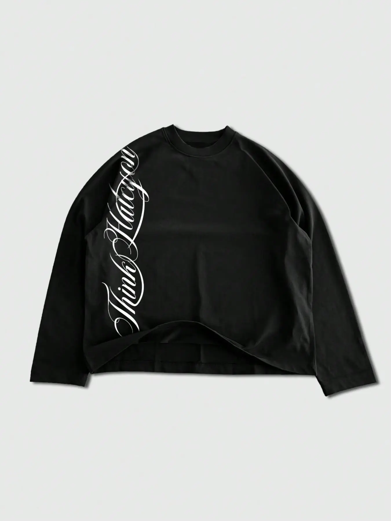 Premium Heavyweight White Long Sleeve T-Shirt Graphic Print with Side Script Calligraphy, Minimalist Clean Fitted Boxy Casual Tee for Oversized Streetwear Layering & Daily Aesthetic OOTD Menswear