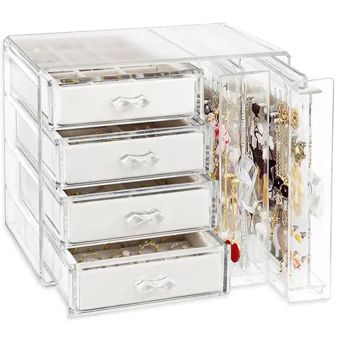 High-Quality Modern Durable Acrylic Vanity Jewelry Organizer - 4-Drawer Soft Velvet Stackable Airtight Dustproof Storage Box with 2 Vertical Earring Holders for Bathroom Countertop, Rings, Bracelets, Necklaces, Chains, Cufflinks, Brooches, Women's Gift