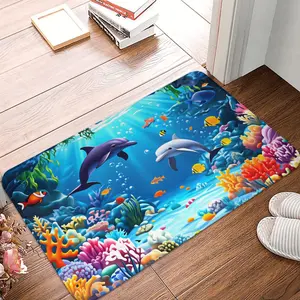 Undersea World Flannel Mat, Designed with Dolphins, Clownfish, Corals, Tropical Fish, Vibrant and Interesting, With a Non-slip Bottom, Machine Washable Mat, Suitable for Bathrooms, Bedrooms, Living Rooms, Terraces, And Gardens