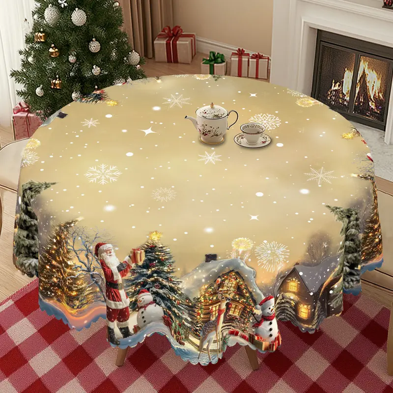 PLUMLIK Polyester Christmas Tablecloth - Santa Claus & Jesus' Birth Scene, Floral Accents, 2025 Celebration Decor, Rectangle/Blue Round Table Cover for Home Kitchen Indoor Gatherings