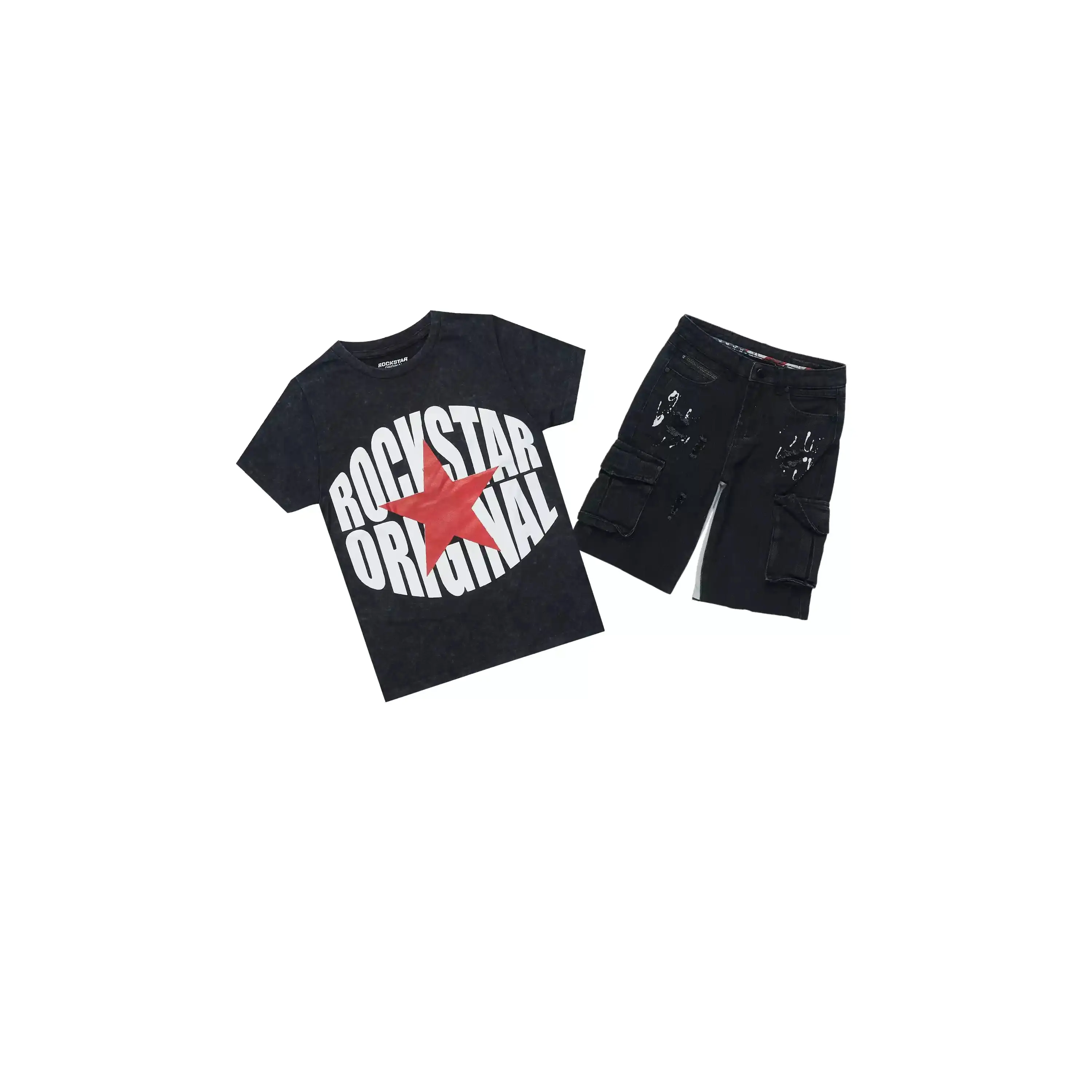 Boys Ezra Black/Red T-Shirt/Denim Short Set