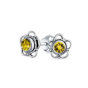 Bali Gemstone Birthstone Flower Stud Earrings Oxidized