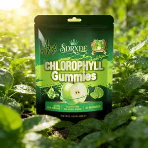 SDRXDE Chlorophyll Gummies 400mg – 60 Count, Green Apple Flavor, Sugar-Free, with Vitamin C, D3 & B12. A gentle plant-based blend for daily wellness.