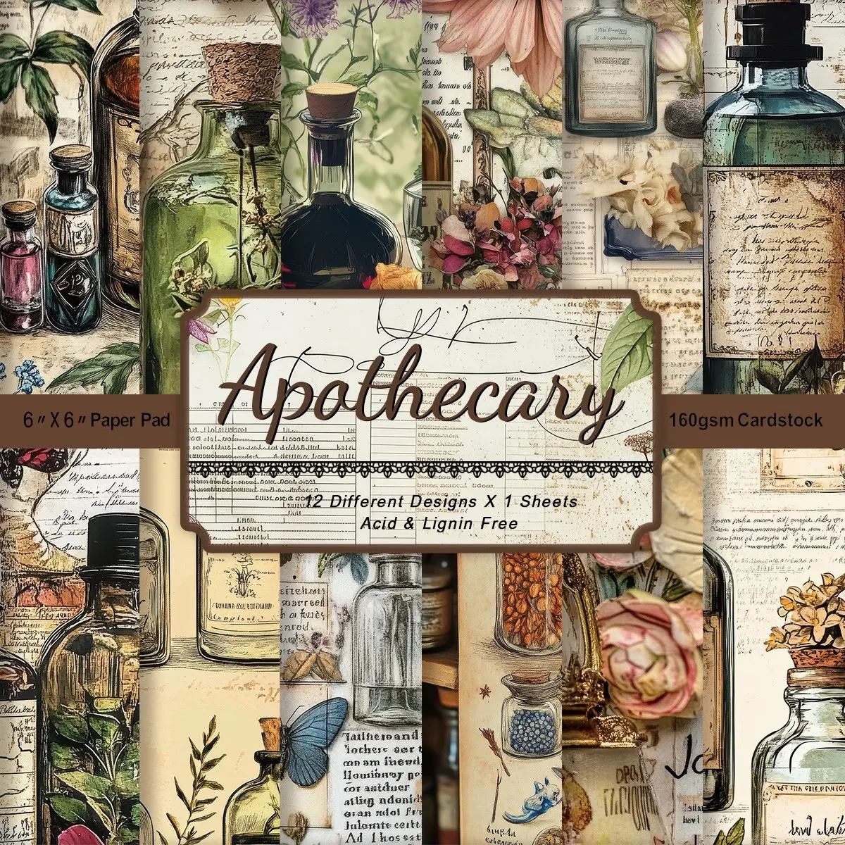 Vintage Apothecary Background Paper Pad, Herbal Pattern Cards, Single-Sided Decorative Craft Paper, Antique Apothecary Diary Set, Crafting Kit, Scrapbook Materials, Scrapbooking, Art Craft Paper, Scrapbooking Supplies