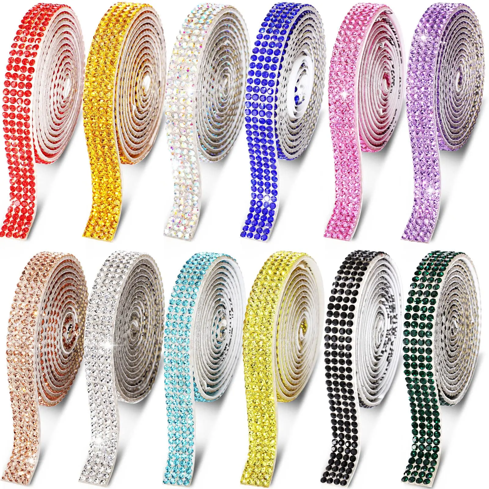 12 Rolls Crystal Rhinestone Ribbon Self Adhesive Diamond Rhinestone Strips for DIY Crafts Stickers, Bling Crystal Diamond Tape Adhesive for Wedding Birthday Graduation Gift Party Decorations,12 Yards, Rhinestone Embellished
