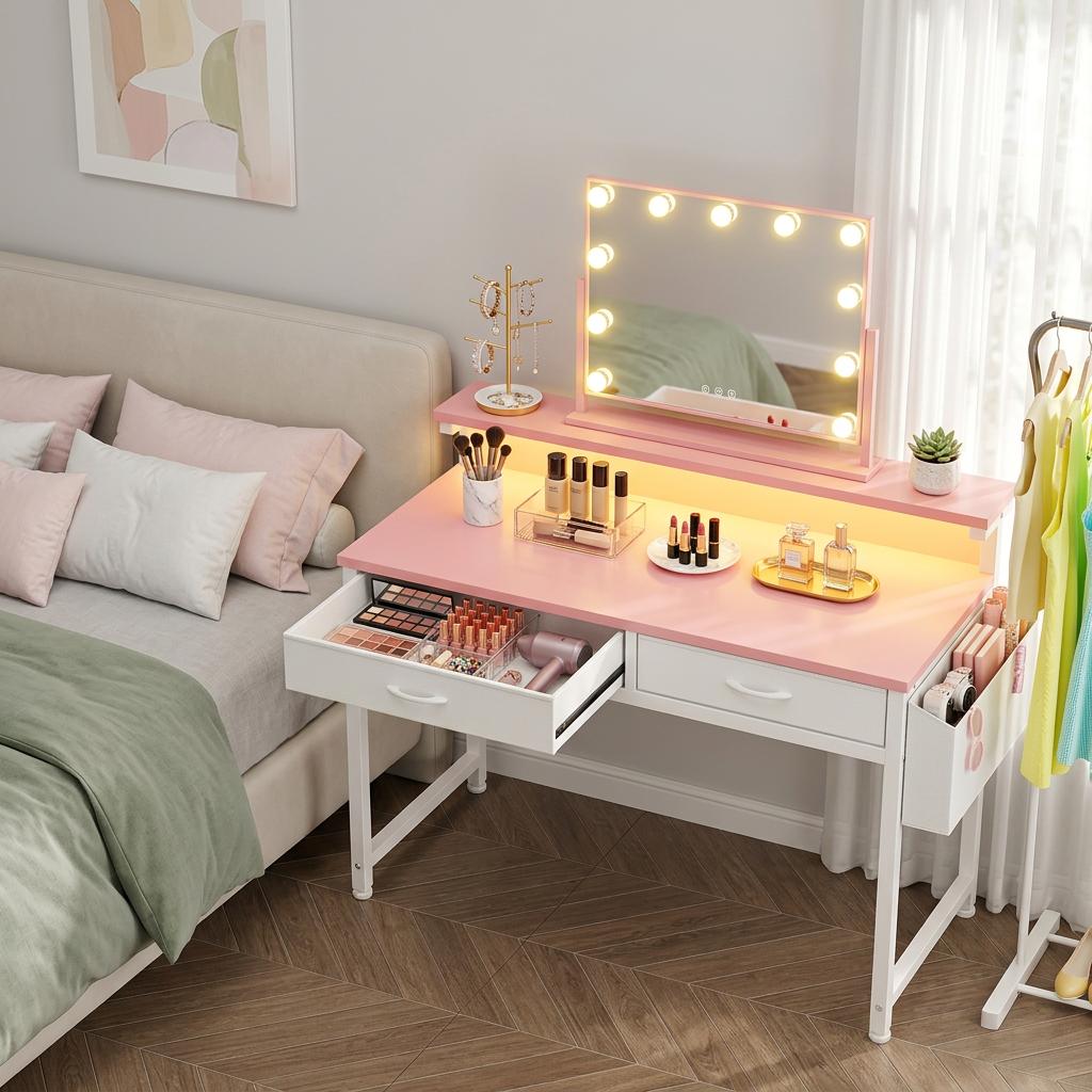 【Vanity & Office Desk】31.5'' Gaming Desk with LED Lights in Dorm & Tiny home,Computer desk with 2 Storage Drawers,Home Office Desk with Side Pocket & Ergonomic Monitor Stand,Writing Table with Anti-Tip Design, gift for Women and Teens,women bedroom decor