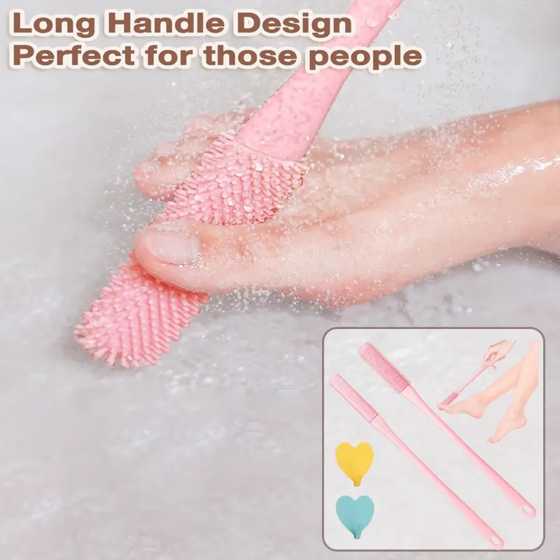 Set of 2 Silicone Foot Scrubber, 15.7" Toe Cleaning Brush in Shower with Long Handle Cleaning Bath Foot Brush for shower Gentle Foot Exfoliating Lotion Applicator for Seniors, Elderly, Men and Women (Grey) Pink Personal