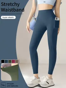 Women's athletic yoga pants with pockets. Solid color with pleated design and a slimming waistband. Perfect for spring and fall casual wear, outdoor activities, fitness training, and running.