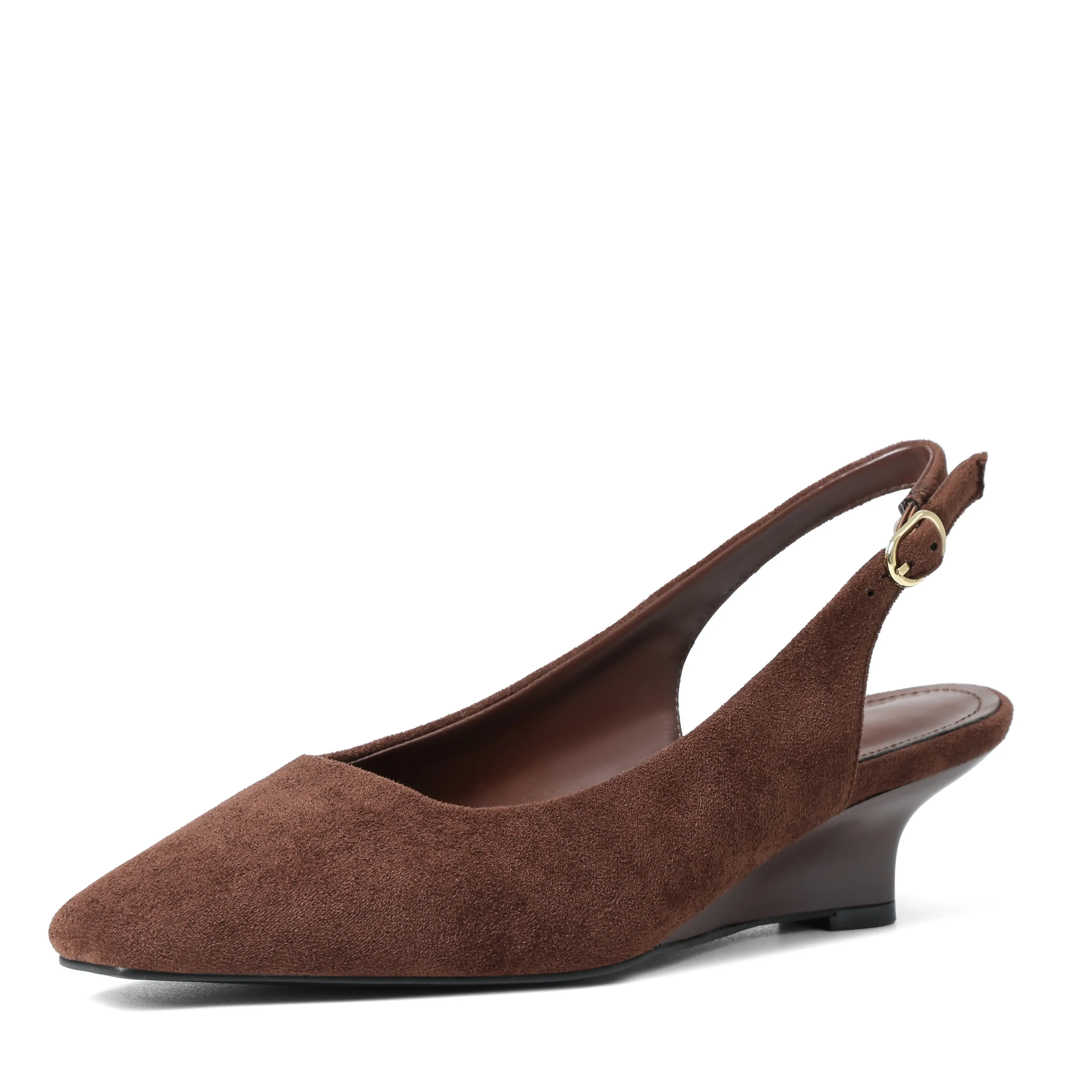 Custom Made Womens Dark Brown Suede Square Toe Slingback Wedge Heels Gold Buckle Adjustable Strap Cushioned Insole Office Friendly Brown Shoes Match Pants Skirt Denim Ease Foot Fatigue For All Day Workplace Standing