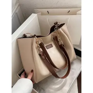 Women's Fashionable Solid Color Tote Bag Large Capacity Patched Shoulder Bag for Daily Use Casual Trendy Versatile High-quality Commuting Bag Girl Fashionable Plain Design