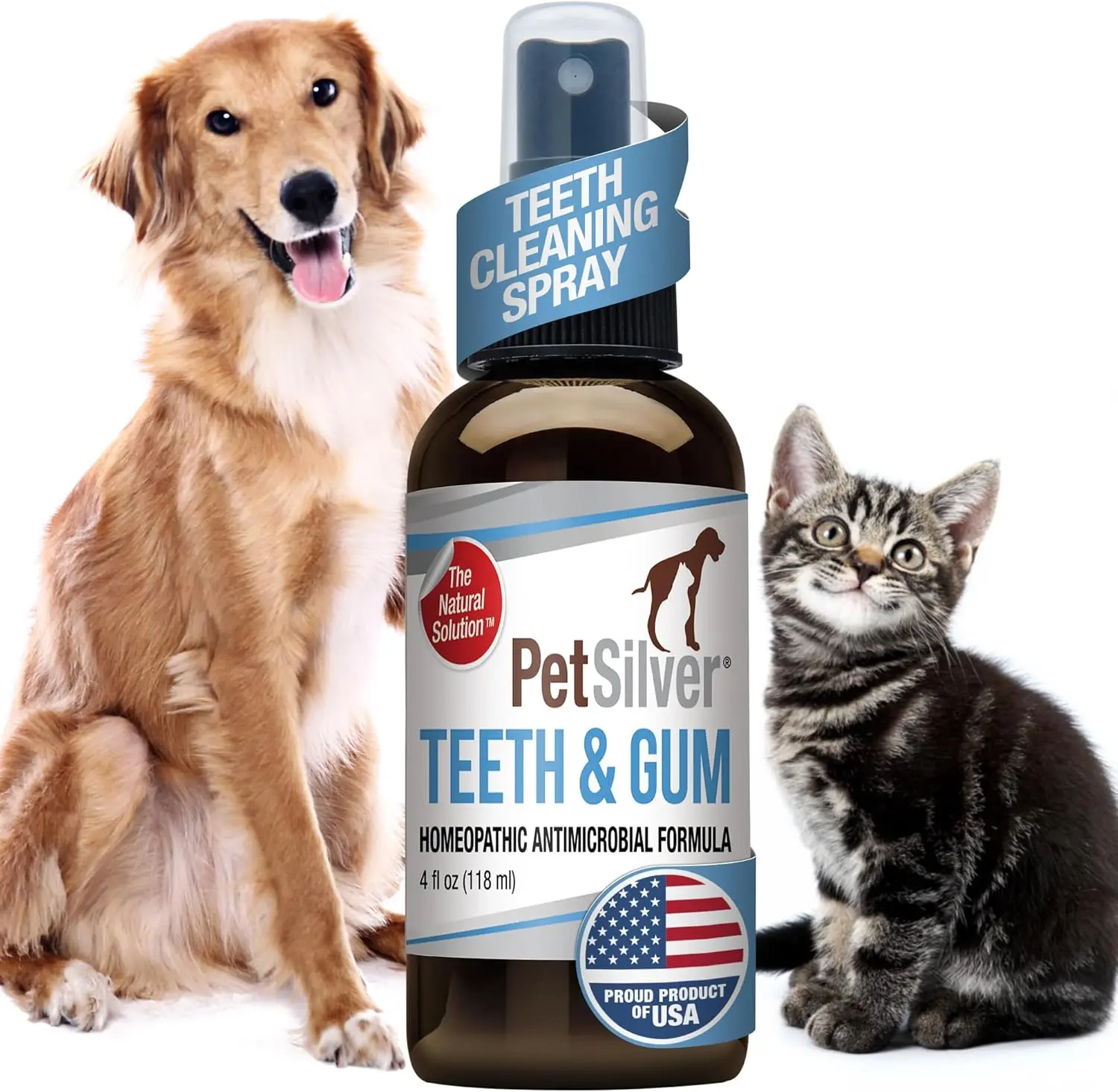 PetSilver Teeth & Gum Spray, Natural Dog Breath Freshener, Cat and Dog Dental Cleaning without Brushing, Patented Chelated Silver (Superior to Colloidal Silver), Dog Dental Spray, USA, 4 oz.