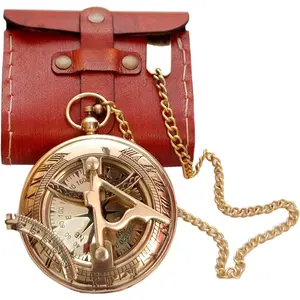 Vintage Brass Sundial Compass with Leather Case – Antique Nautical Marine Pocket Compass, Classic Navigation Tool for Hiking Camping, Unique Gift for Men, Father, Husband & Explorer
