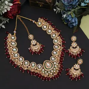 Long Mala Necklace with Earrings, Tikaa Kundan Stones Imitation Pearls Elegant Design