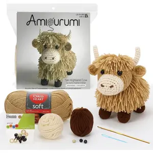 Amigurumi Highland Cow Crochet Kit Tan – Adult Crochet Kit for Amigurumi Animal Project, Highland Cow Plush 8 Inch Finished Figure