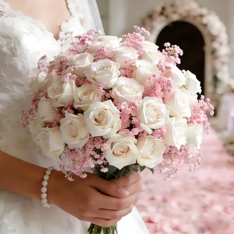 Mixed bouquet of white roses and pink baby's breath, very suitable for home decoration. It is an ideal choice for weddings, home, and office decoration, as well as a floral decoration for Mother's Day, suitable for outdoor living spaces.