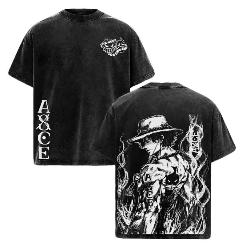 Portgas D Ace One Piece Washed Oversized Tee Fire Fist Graphic Retro Pirate Streetwear Anime Fan Gift 2026 American Made 100% Cotton Casual Menswear T Shirt S 3XL Daily Wear Comfortable Crew Neck Street Style Top
