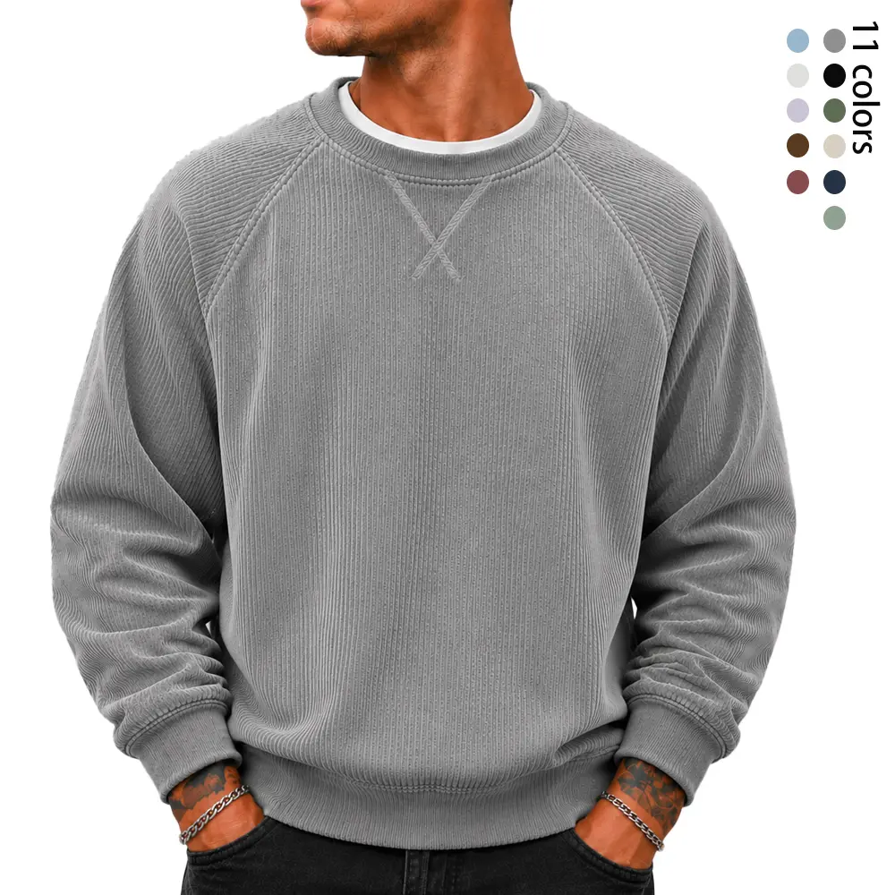 Men’s Corduroy Crewneck Sweatshirt, Vintage Textured Ribbed Pullover, Loose Fit Raglan Long Sleeve Casual Top for Fall, Commute & Daily Wear