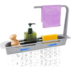 Telescopic Kitchen Over Sink Organizer with Towel Hanger, Expandable Slim Drain Basket Multifunctional Caddy Adjustable Length Colander Rack Sponge Holder Storage Tray for Home Bathroom (Grey)