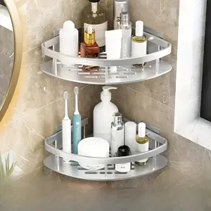 1pc Bathroom Triangle Basket Suction Cup Wall Mounted Aluminum Shower Room Corner Storage Rack, Bathroom Organizer, Bathroom Organizing Accessories, No Drilling Bath Accessories