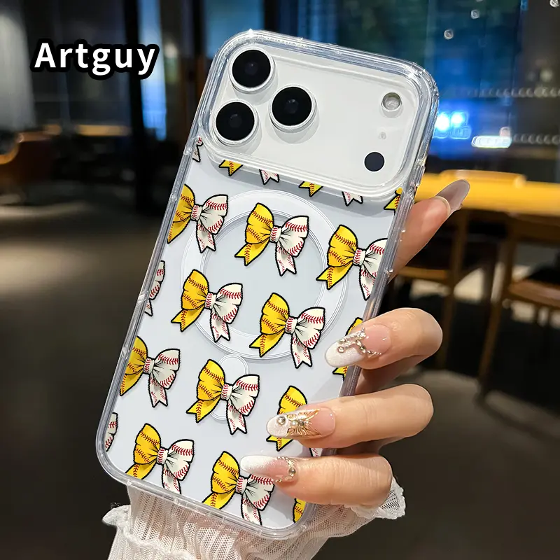 Clear Magnetic Phone Case for iPhone 17 16  Pro Max Plus 15 14 13 12 11 Air E Baseball Bow Symphony  Pattern Acrylic Hard Back Soft Silicone Edge Bumper Sockproof Cover