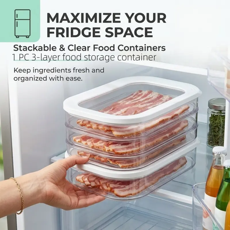 3-layer stackable transparent food storage box, airtight multi-layer refrigerator storage box, suitable for keeping fruits, vegetables and leftovers fresh, Airtight Reusable Containers