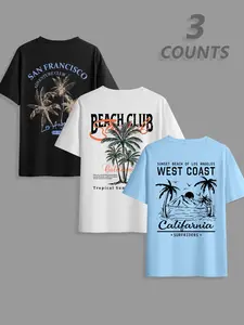 Men's Letter Coastal Aesthetic Tropical Coconut Tree Graphic Print Casual Printed T-Shirt 3-Pack, Summer Round Neck Short Sleeve Classic Casual Summer Style Comfortable Top, Ideal for Outdoor Wear, Beachy Tee